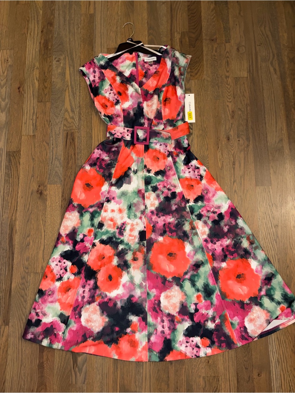 NWT Calvin Klein Size 2 Floral Fit & Flare Midi Dress Belted V-Neck - Picture 6 of 9